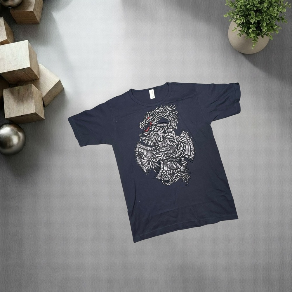 Vintage Anvil Y2K Rhinestone Dragon Cross Graphic T-Shirt Navy Blue Small